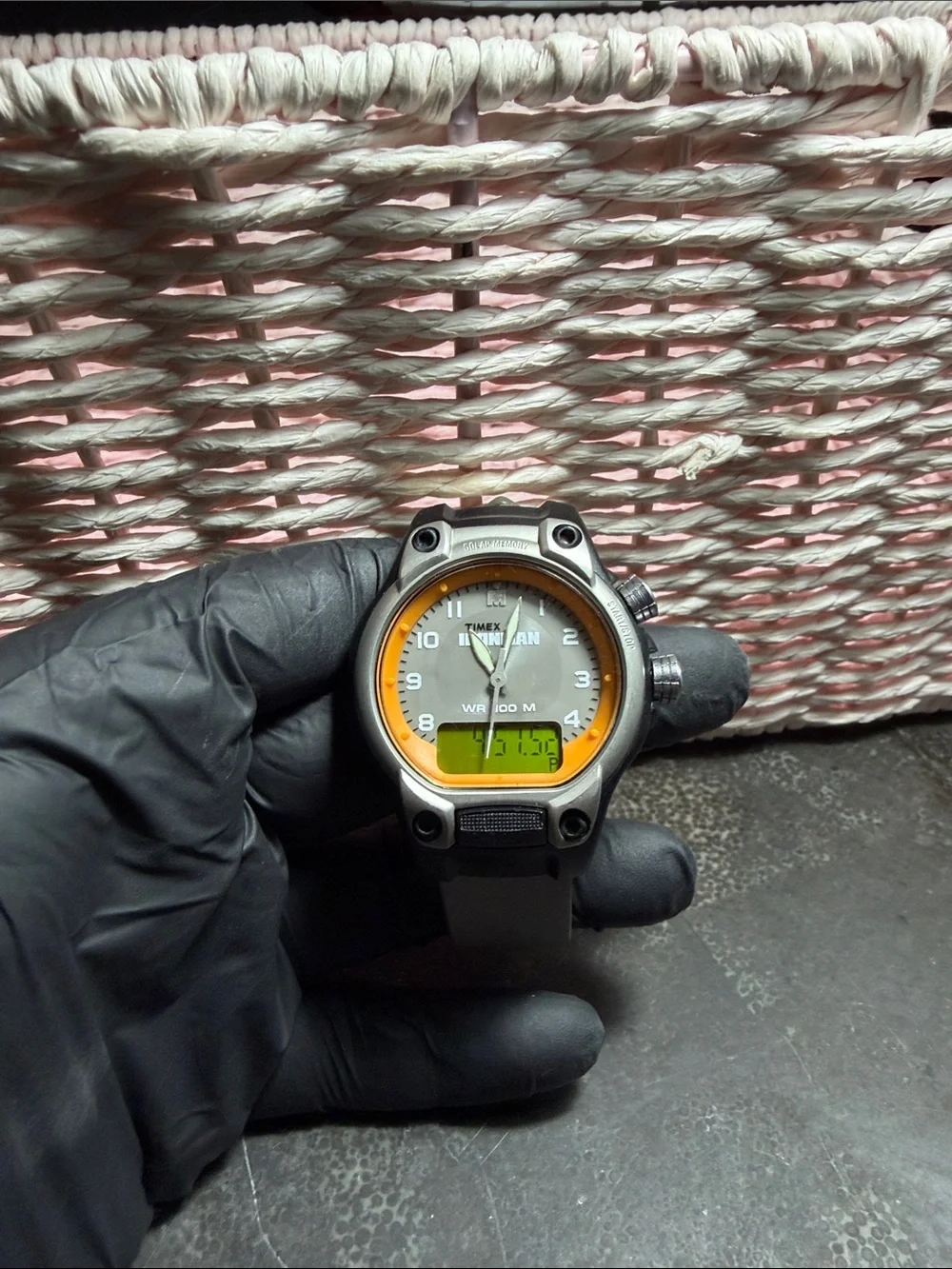 Timex Watch with Gray Case and Orange Bezel Accent